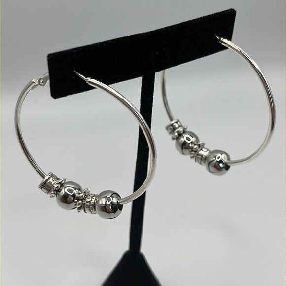 Silver-tone Shiny 6 Beads 2” Hoop Earrings - Picture 1 of 13